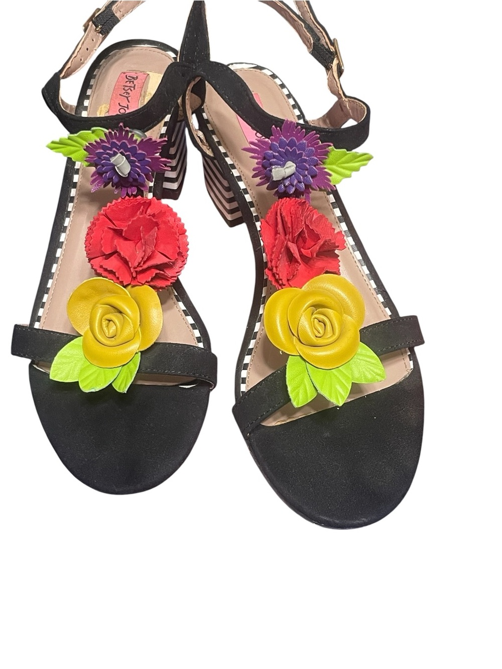 Betsey Johnson Aspen Black Sandal Heels Suede Floral Black & White Stripes Sz 9